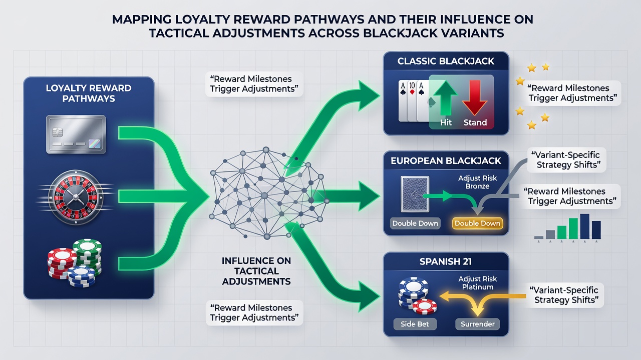 Mobile app screenshot illustrating tactical adjustments in blackjack with loyalty tier indicators and variant selection menus