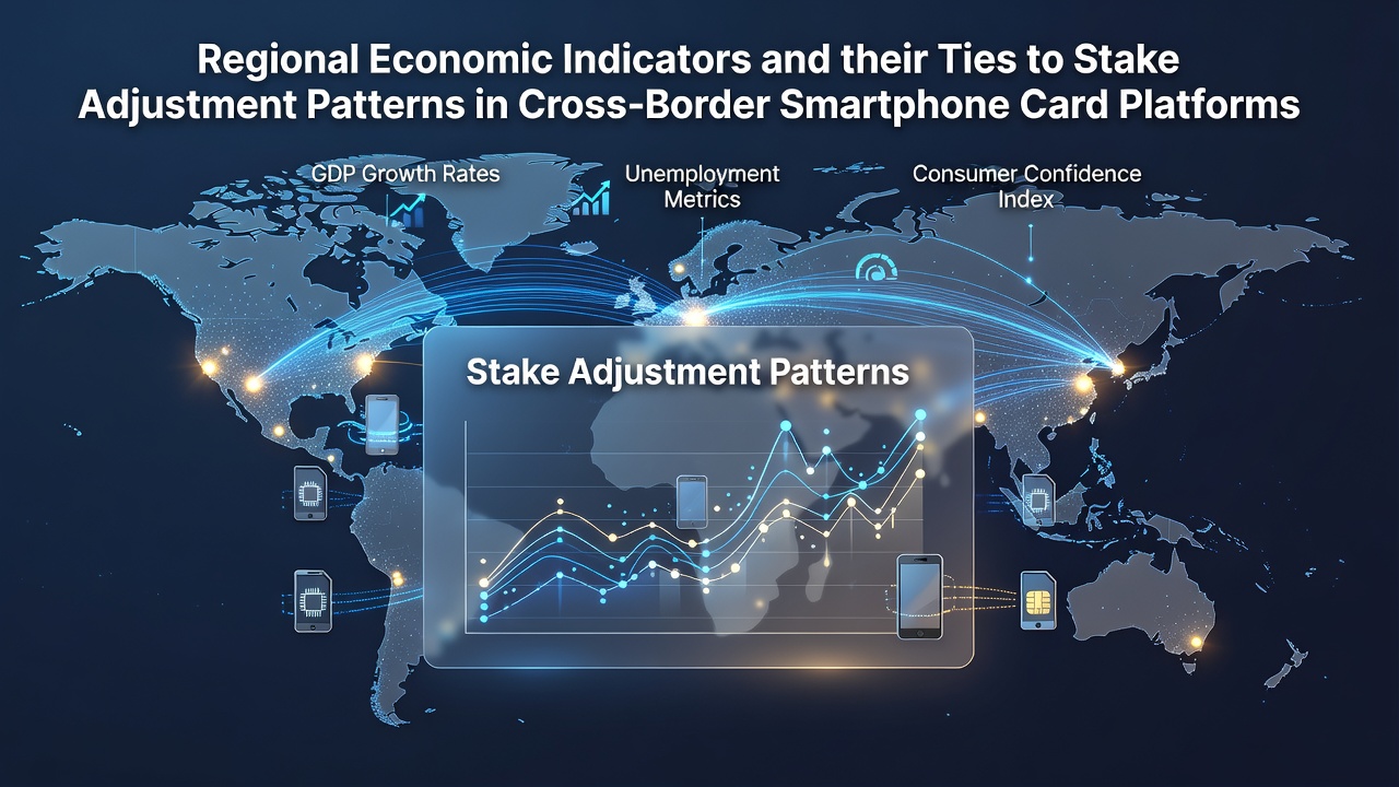 Regional economic data charts overlaid with mobile card platform interfaces showing stake variations across borders